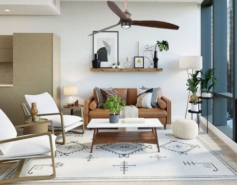 Salon moderne lumineux avec canapé marron, fauteuils blancs et table basse en bois; plantes vertes et cheminée murale. comment calculer un déstratificateur intégré naturellement dans le cadre technique.