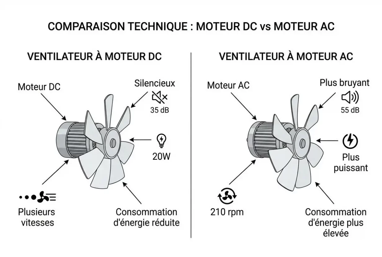 Comparaison technique : ventilateur plafond silencieux comparatif avec moteur DC et moteur AC, montrant consommation réduite et niveaux sonores, vitesse et rendement.