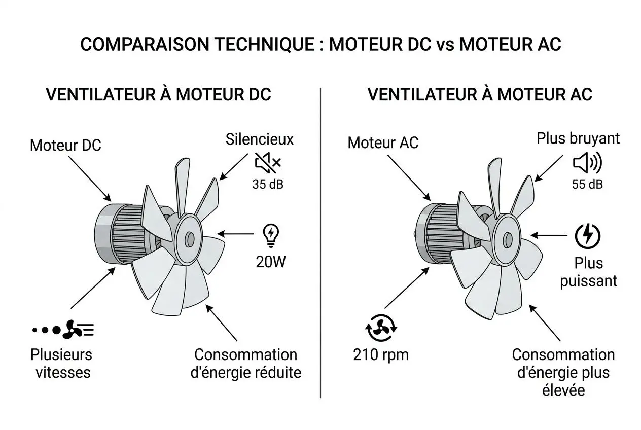 Comparatif: ventilateur plafond silencieux efficace avec moteur DC, silencié 35 dB et faible consommation (20W).