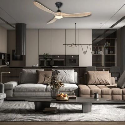 Déstratificateur professionnel installé dans un salon moderne, plafond haut et design épuré.