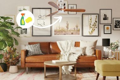 Pale du ventilateur en mouvement au salon, avec flèche et icônes nettoyage, prêt à expliquer comment nettoyer un ventilateur.
