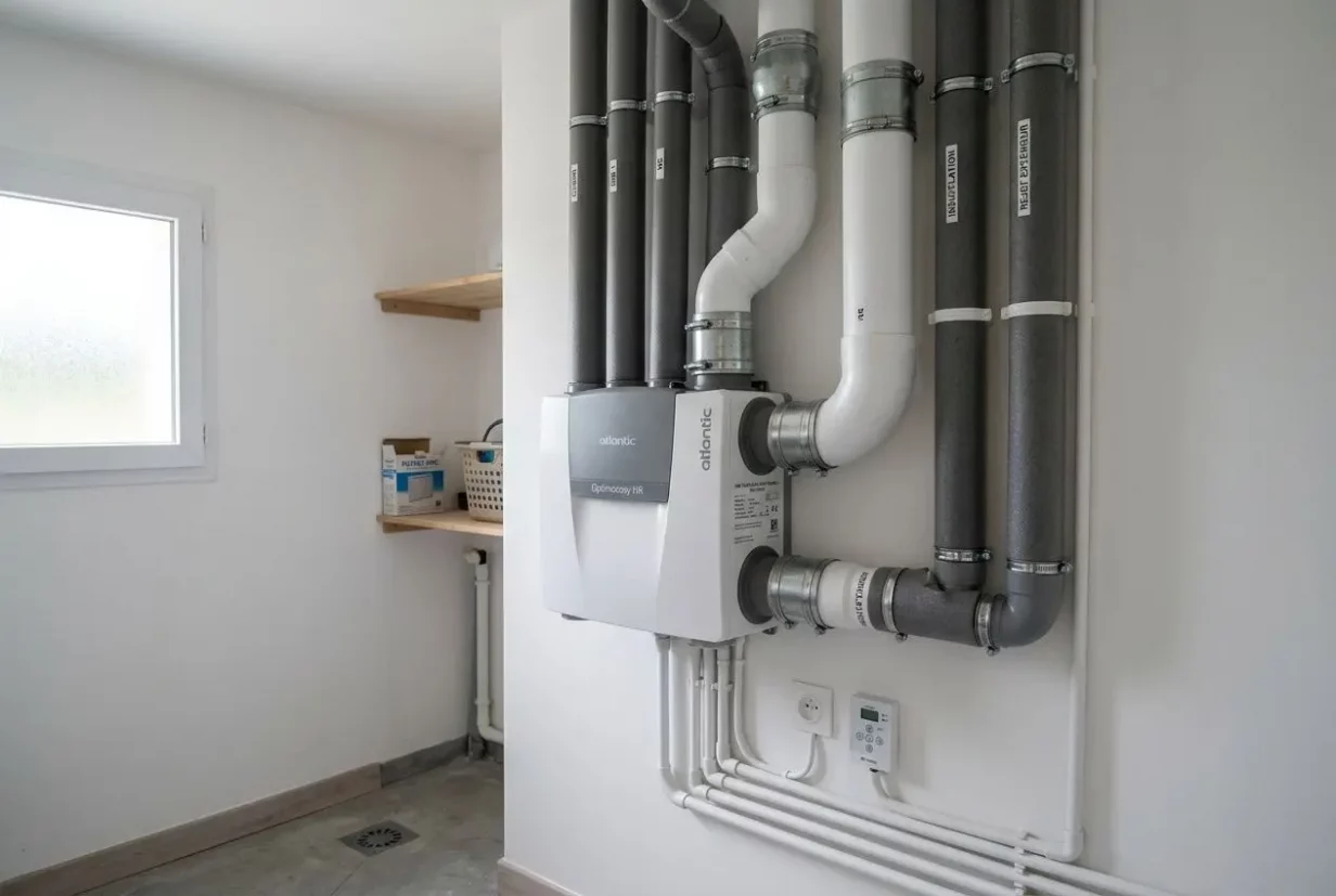 Panneau et canalisation de système de chauffage ou ventilation, avec tuyaux gris et blancs fixés au mur, dans une pièce lumineuse. Humidité maison danger suggéré par l’installation.