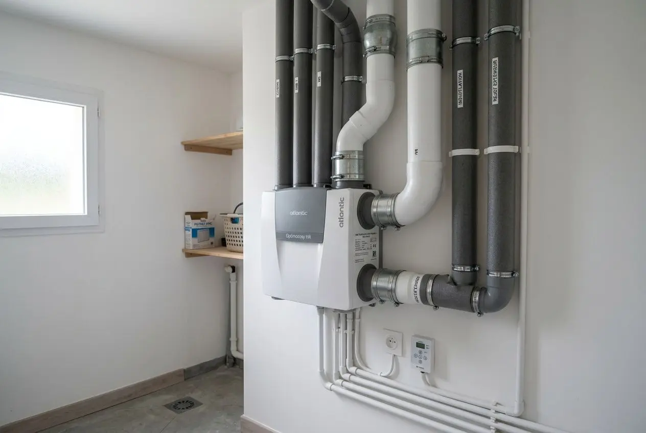 Système de chauffage et tuyauterie encastrée dans une pièce, avec conduits et boîtes sur mur, et un petit mur de rangement à gauche. moissisure maison que faire