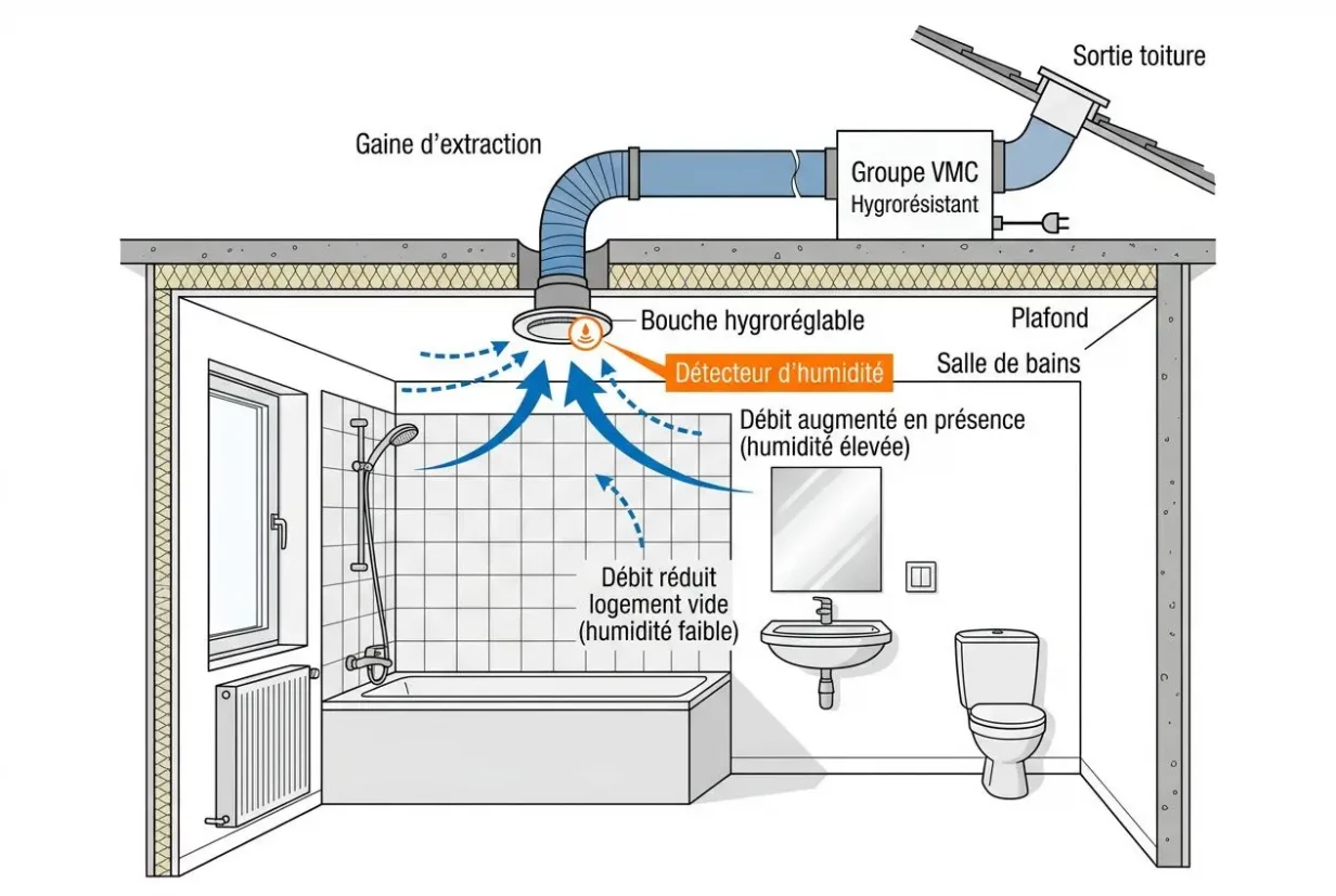 Schéma d’un système de ventilation naturelle sans VMC montrant gaines, bouche hygro réglable et détection d’humidité dans une salle de bains, avec arrivée d’air et exposition à l’humidité. Ventilation naturelle sans vmc.