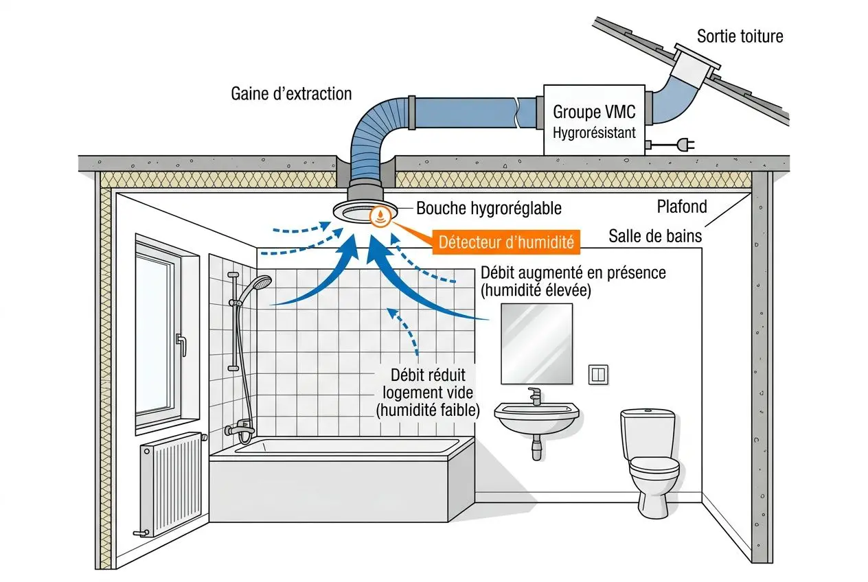 Schéma d’un système de ventilation naturelle sans VMC montrant gaines, bouche hygro réglable et détection d’humidité dans une salle de bains, avec arrivée d’air et exposition à l’humidité. Ventilation naturelle sans vmc.