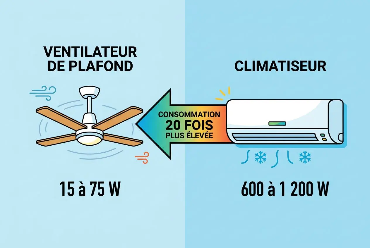 Ventilateur de plafond et climatiseur illustrés, flèche indiquant une consommation 20 fois plus élevée pour le climatiseur que le ventilateur, valeurs 15–75 W et 600–1200 W. Démonstration simple de choix entre ventilation passive et climatisation. Comment bien aérer son appartement se lit comme instruction complémentaire.