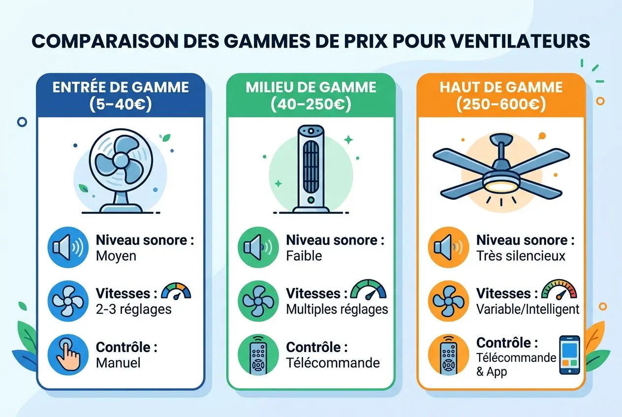 Comparaison des gammes de prix pour ventilateurs: entrée, milieu et haut, avec icônes de vitesse, bruit et contrôle. des tratificateur d'air silencieux est présenté dans le texte principal.