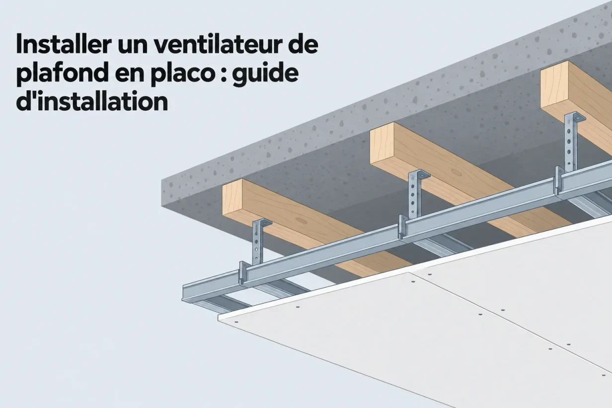 Description ALT: Installer un ventilateur plafond placo: structure métallique et fixations sous plaque de plâtre prête à l’installation.