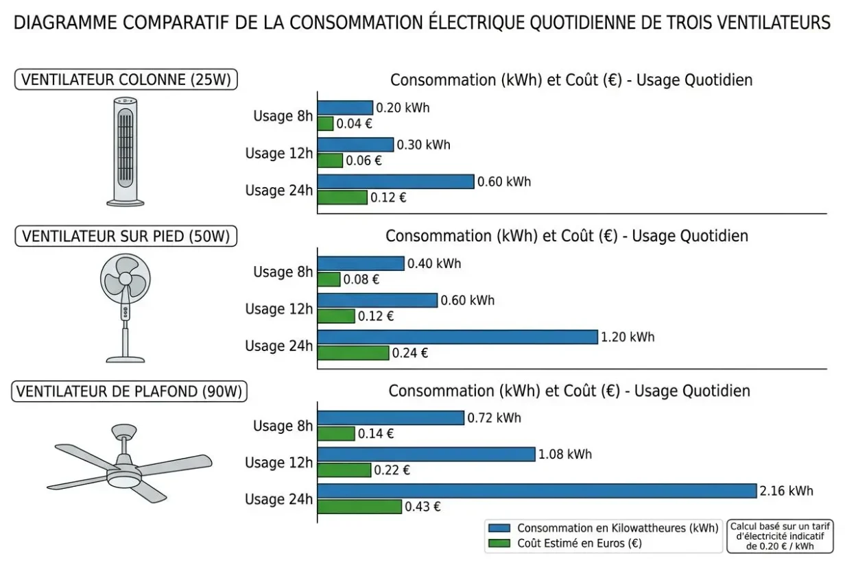 Diagramme comparatif de la consommation électrique quotidienne de trois ventilateurs: colonne (25W), pied (50W) et plafond (90W), avec usage 8h, 12h et 24h et leur coût estimé en euros. Intègre aussi le concept de consommation vmc par jour.