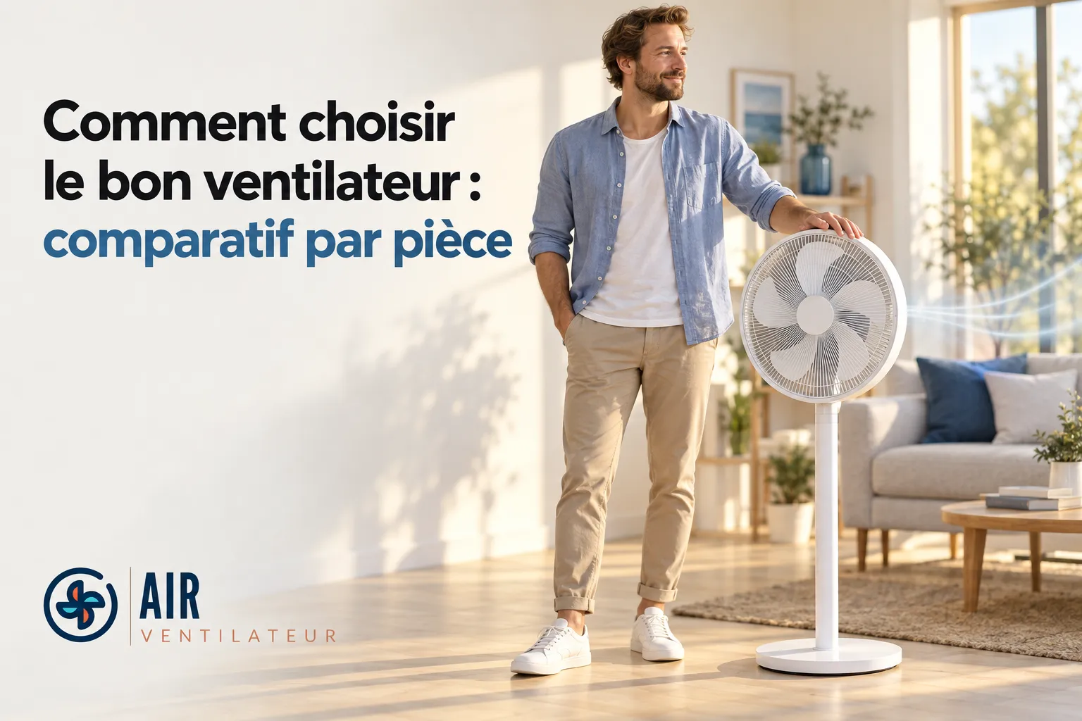 Un homme debout près d’un ventilateur sur pied dans un salon lumineux.