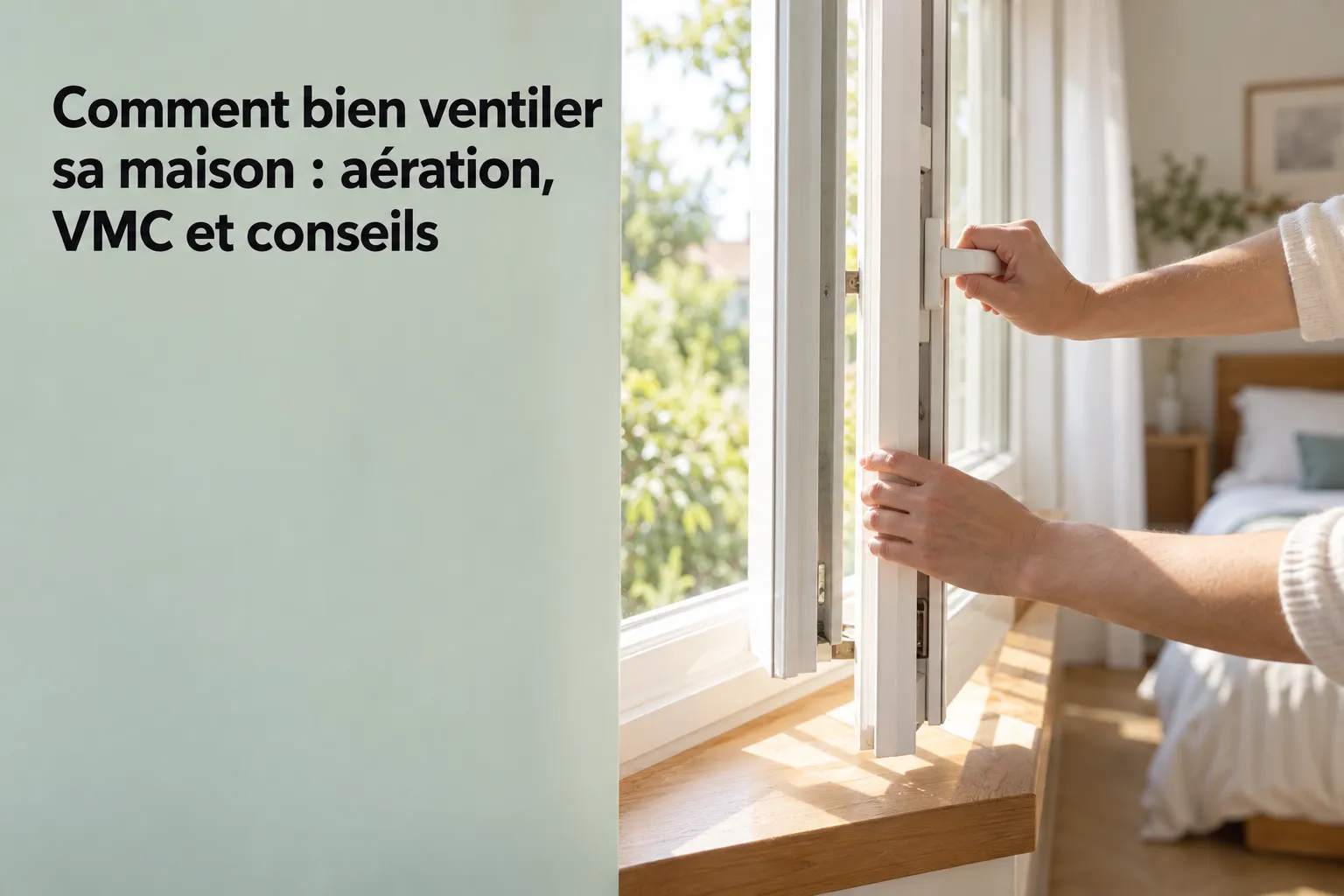 Ouverture d'une fenêtre par une personne pour ventiler une pièce.