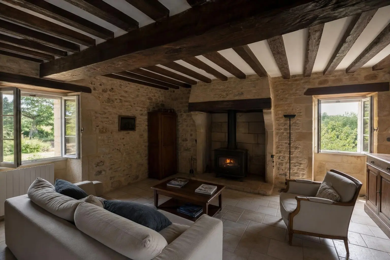Salon lumineux avec cheminée en pierre et poutres apparentes, canapé et fauteuils autour d’une table basse; fenêtres ouvertes laissant entrer la lumière naturelle.
