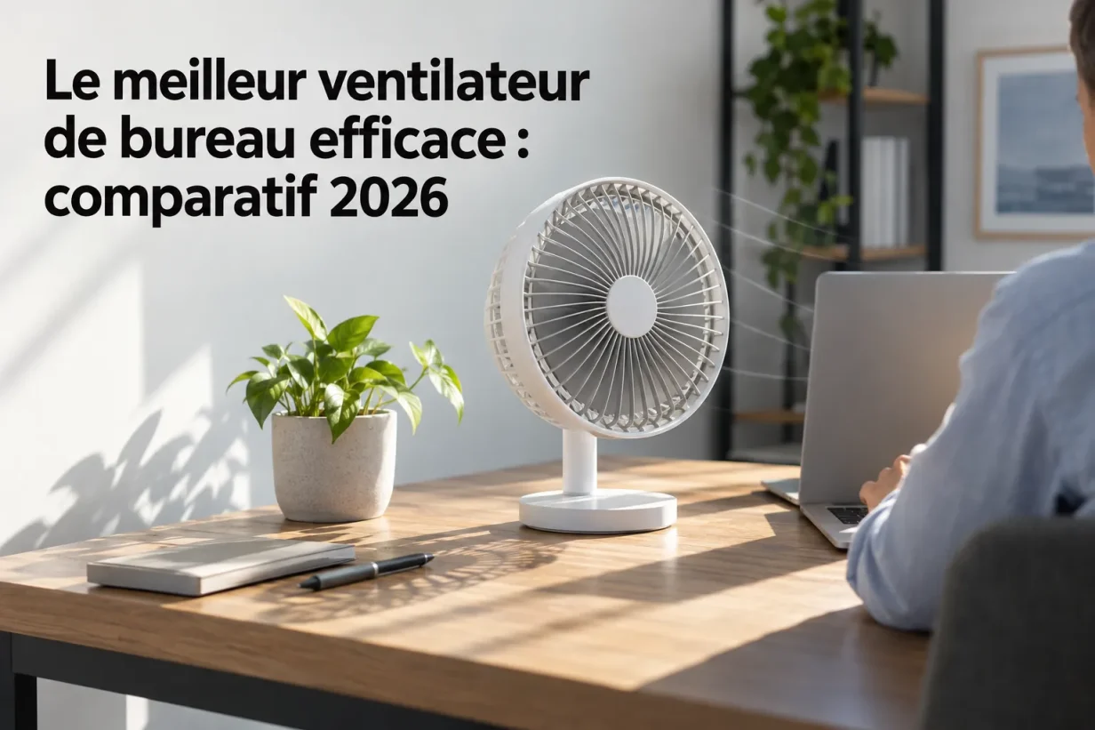 Ventilateur de bureau efficace sur un bureau, près d’un ordinateur portable et d’un petit plante, dans un espace de travail calme.