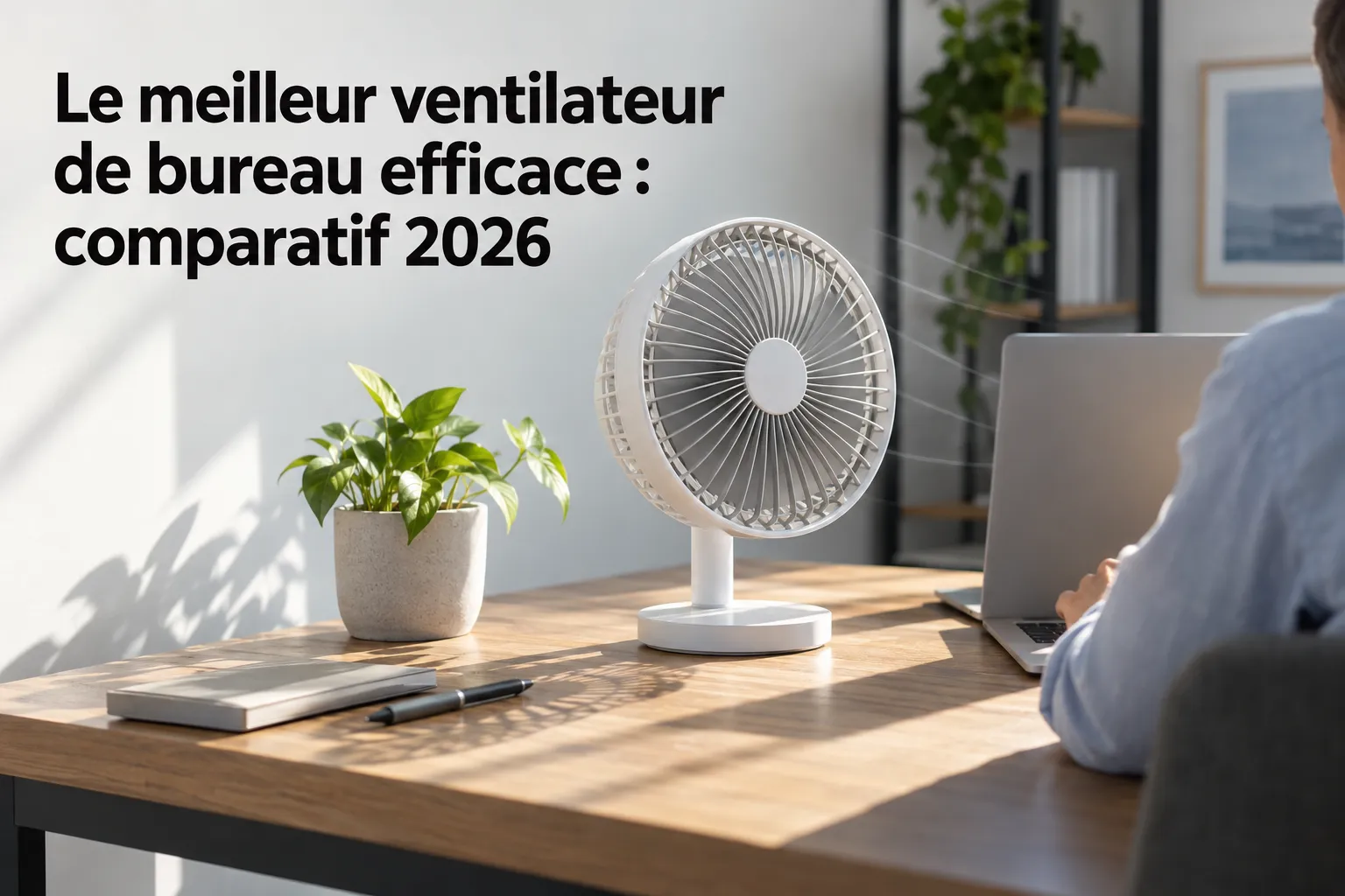 Ventilateur de bureau efficace sur un bureau, près d’un ordinateur portable et d’un petit plante, dans un espace de travail calme.